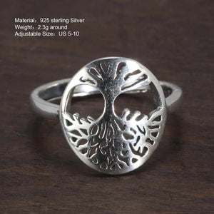 Real 925 Sterling Silver Tree of Life Ladies Ring Hollow Design Viking Jewelry Resizable US Size 5-10 - GQTORCH Jewelry