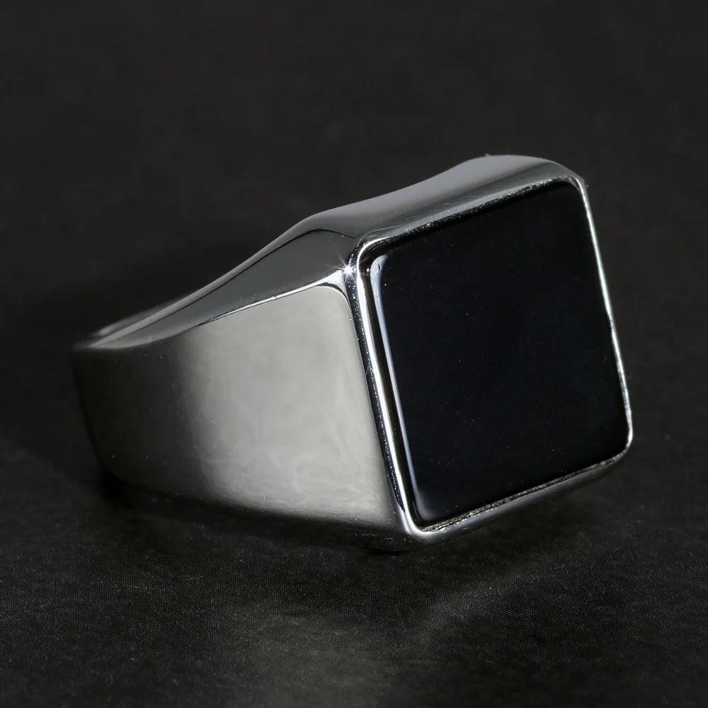 Solid 925 Sterling Silver Square Plain Ring for Men With Natural Black Agate Simple Rustic Flat Top Hallmarked Band Male Jewelry - GQTORCH Jewelry