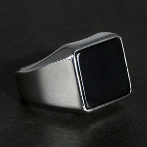 Solid 925 Sterling Silver Square Plain Ring for Men With Natural Black Agate Simple Rustic Flat Top Hallmarked Band Male Jewelry - GQTORCH Jewelry