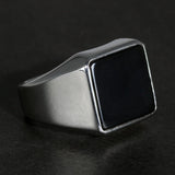 Solid 925 Sterling Silver Square Plain Ring for Men With Natural Black Agate Simple Rustic Flat Top Hallmarked Band Male Jewelry - GQTORCH Jewelry