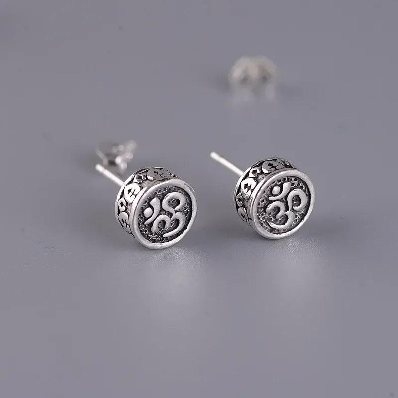 Real 925 Sterling Silver OM Mantra Stud Earrings For Women and Men Retro Antique Style Six-Word Sutra Buddhism Jewelry - GQTORCH Jewelry