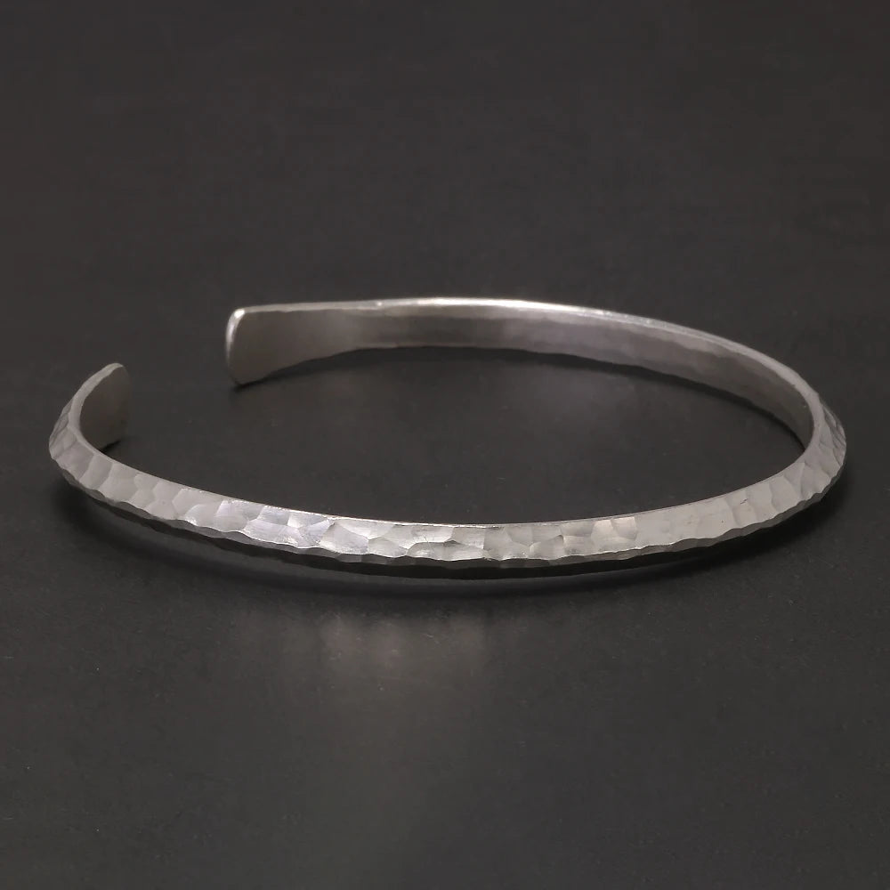 Solid 925 Sterling Silver Hammered Bangle 4mm Open Cuff Bracelet for Women Men Urban Minimalist Chic Retro Party Jewelry