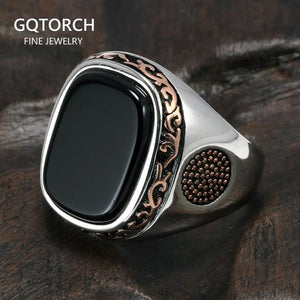 Real Pure Mens Rings Silver s925 Retro Vintage Turkish Rings For Men With Natural Black Onyx Stones Turkey Jewelry - GQTORCH Jewelry