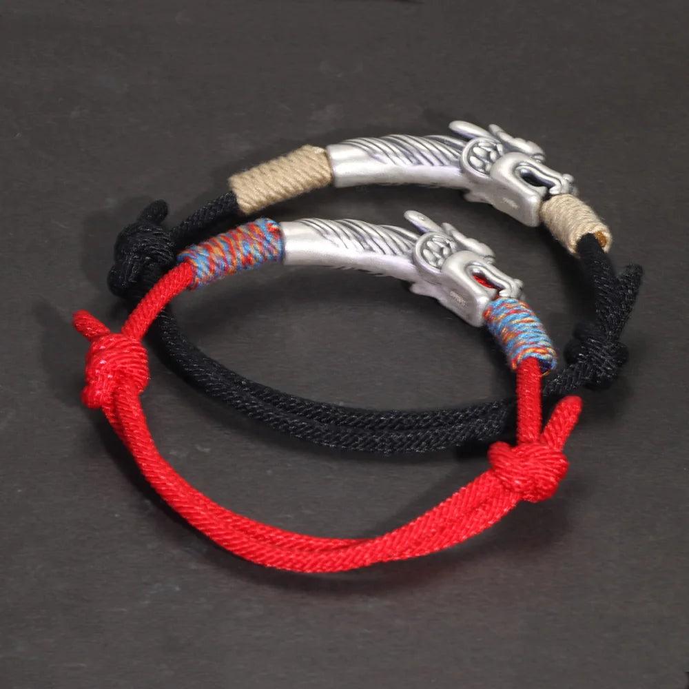 Handwoven 999 Sterling Silver Charm Lucky Red String Bracelet Dragon Men and Women's Jewelry - GQTORCH Jewelry
