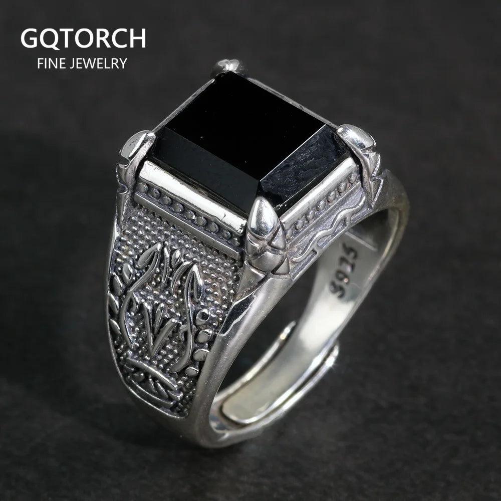 Real Solid 925 Sterling Silver Rings Claw Setting With Natural Onyx Stone For Men Retro Punk Resizable Biker Rings - GQTORCH Jewelry