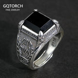 Real Solid 925 Sterling Silver Rings Claw Setting With Natural Onyx Stone For Men Retro Punk Resizable Biker Rings - GQTORCH Jewelry