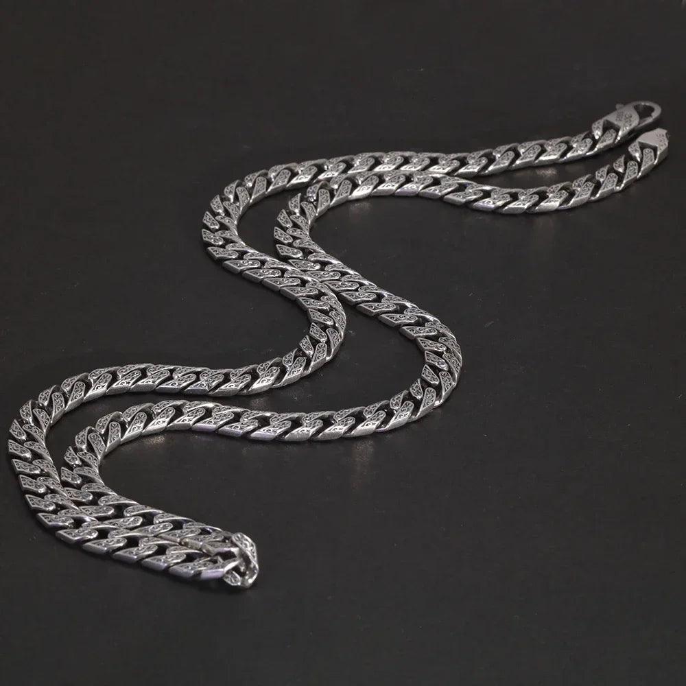Vintage Tang Grass Pattern Necklace S925 Sterling Silver Hip Hop Punk Rock Men's Cuban Chain Necklace Bracelet Jewelry - GQTORCH Jewelry