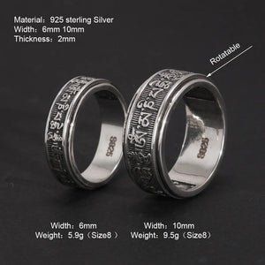 Real 925 Sterling Silver Vintage Rings For Men Rotatable Tibetan Six Words Mantra Rings Om Mani Padme Hum Buddhist Jewelry - GQTORCH Jewelry