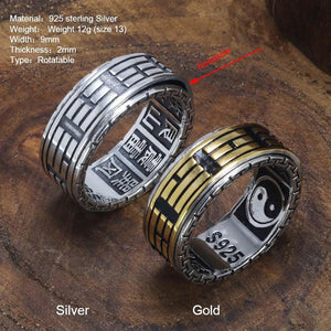 Real 925 Sterling Silver Rings For Men Spinner Rotatable Carving Taiji Bagua Yin Yang With Vintage Great Wall Pattern - GQTORCH Jewelry