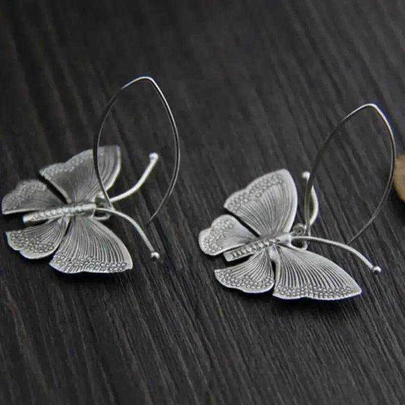 Real Pure 100% 925 Sterling Silver Exaggerated Large Butterfly Drop Earrings For Women Handmade Vintage Style - GQTORCH Jewelry