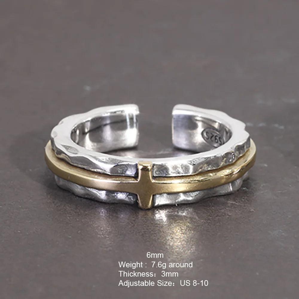 S925 Sterling Silver Thai Silver Ring Vintage Men's and Women's Wide Cross Ring Opening Adjustable Jewelry - GQTORCH Jewelry