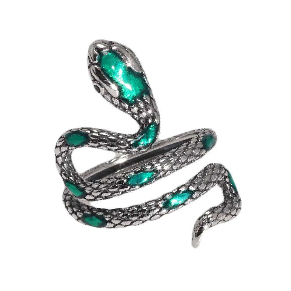 S925 Sterling Silver Snake Rings For Women with Green Zircon Stone Antique Punk Adjustable Animal Jewelry - GQTORCH Jewelry