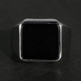Solid 925 Sterling Silver Square Plain Ring for Men With Natural Black Agate Simple Rustic Flat Top Hallmarked Band Male Jewelry - GQTORCH Jewelry