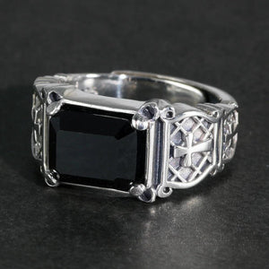 Vintage Punk Silver 925 Jewelry Signet Mens Rings Cross Engraving Natural Black Stone Onyx Rings Christian Jewelry Opening Type - GQTORCH Jewelry