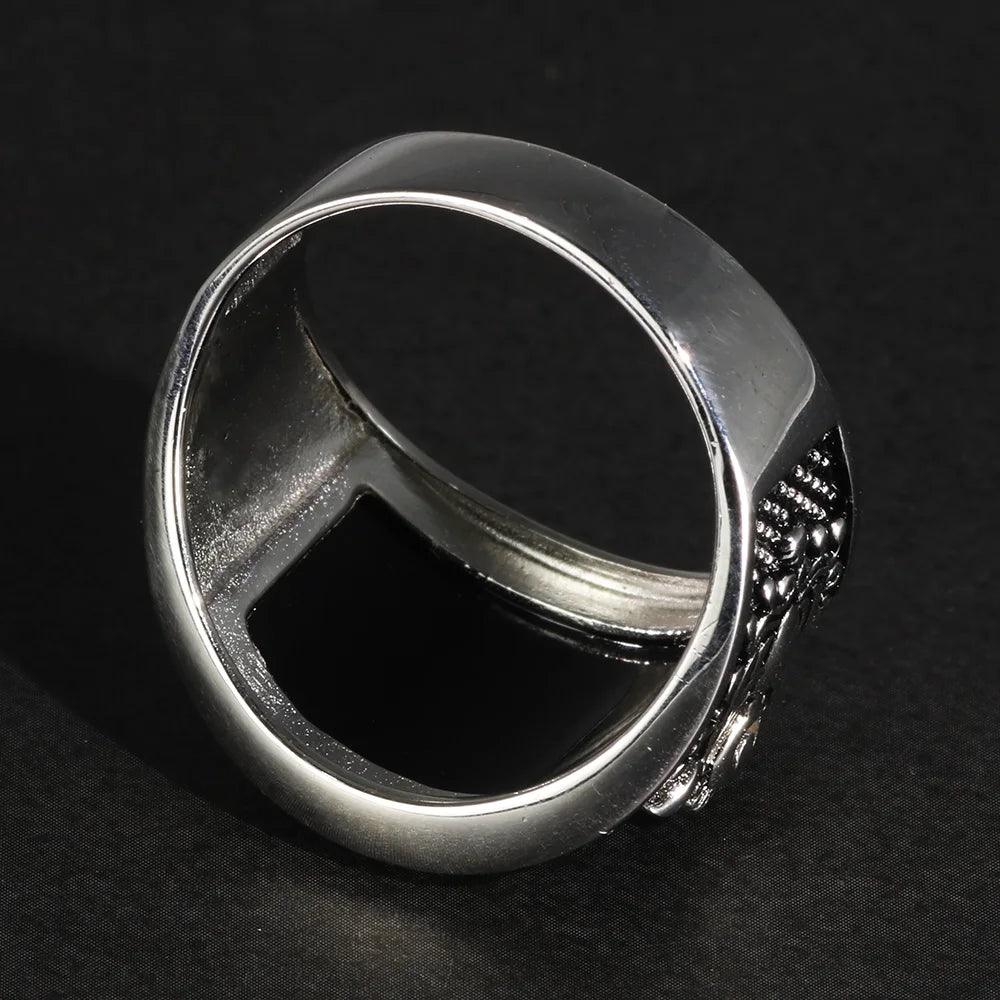 Vintage Punk 925 Rings With Natural Black Onyx Stone Unique Curved Surface Biker Rings For Men - GQTORCH Jewelry