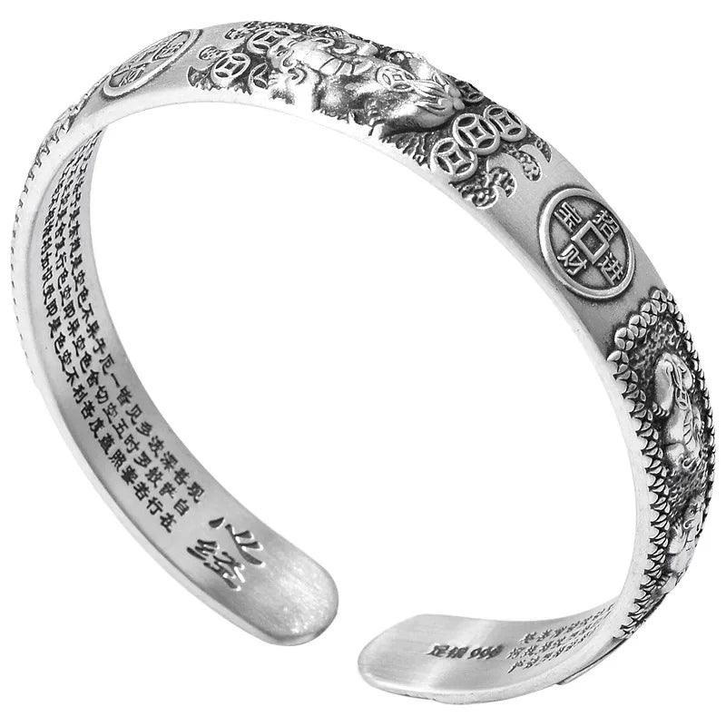 Solid S999 Sterling Silver Brave Troops Bangle for Women and Men Bring In Wealth and Treasure Bracelet Buddhist Jewelry - GQTORCH Jewelry