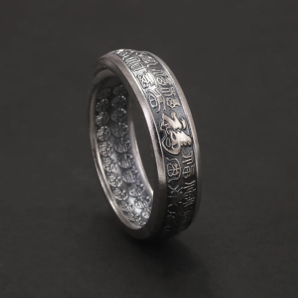 999 Pure Silver Feng Shui Good Luck Ring for Women Men Chinese Calligraphy Character Fu Blessing Adjustable Vintage Jewelry