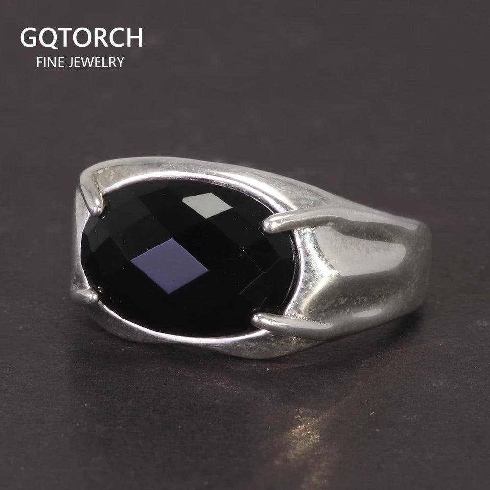 Real Pure 925 Silver Ring Women and Men Natural Stone Black Agate Oval Faceted US6-10 Adjustable Fine Jewelry - GQTORCH Jewelry