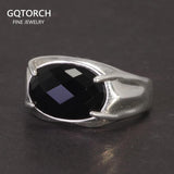 Real Pure 925 Silver Ring Women and Men Natural Stone Black Agate Oval Faceted US6-10 Adjustable Fine Jewelry - GQTORCH Jewelry