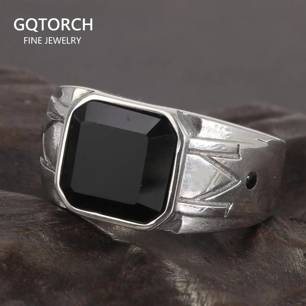 Solid 925 Sterling Silver Vintage Punk Simple Boys Ring with Natural Black Onyx Square Stone Carving Pattern Silver Jewelry - GQTORCH Jewelry