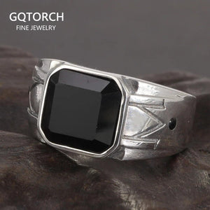 Solid 925 Sterling Silver Vintage Punk Simple Boys Ring with Natural Black Onyx Square Stone Carving Pattern Silver Jewelry - GQTORCH Jewelry