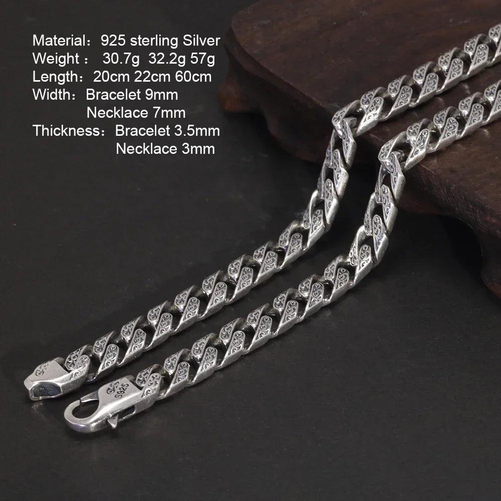 Vintage Tang Grass Pattern Necklace S925 Sterling Silver Hip Hop Punk Rock Men's Cuban Chain Necklace Bracelet Jewelry - GQTORCH Jewelry