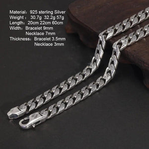 Vintage Tang Grass Pattern Necklace S925 Sterling Silver Hip Hop Punk Rock Men's Cuban Chain Necklace Bracelet Jewelry - GQTORCH Jewelry