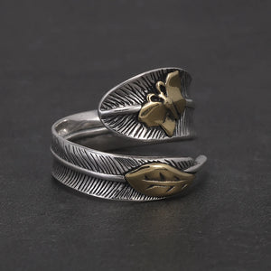 Real 925 Silver Feather Leaf Open Ring for Women Gold Butterfly Fashion Bohemia Vintage Retro Adjustable Fashion Party Jewelry