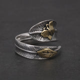 Real 925 Silver Feather Leaf Open Ring for Women Gold Butterfly Fashion Bohemia Vintage Retro Adjustable Fashion Party Jewelry