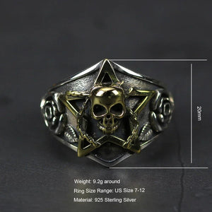 Real Pure 925 Sterling Silver Viking Ring Skull With Pentagram Gothic Punk Rock Rose Flower Carving Resizable For Men and Women - GQTORCH Jewelry