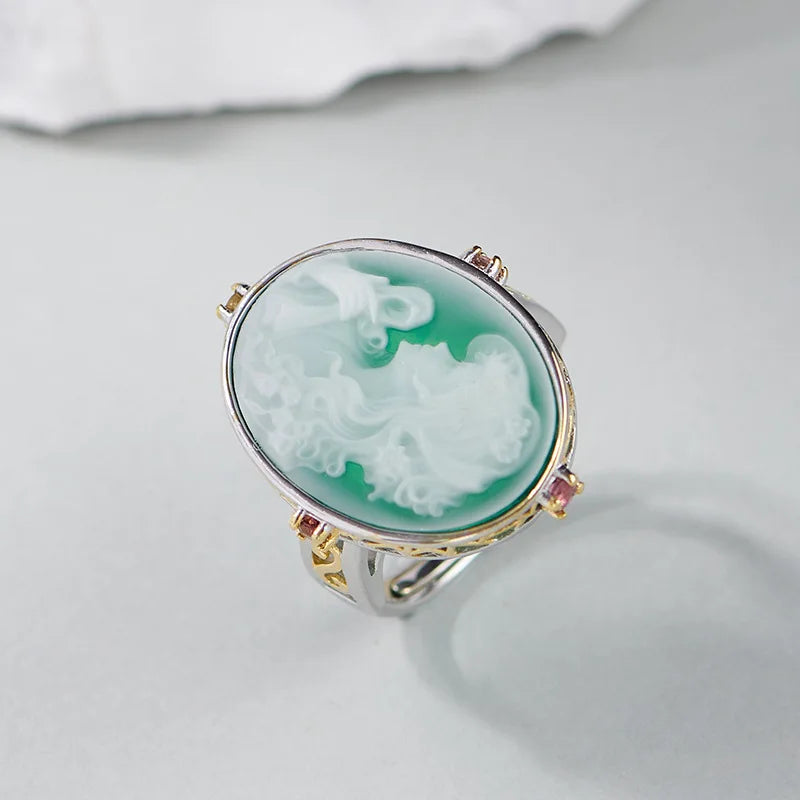 S925 Sterling Silver Natural Gemstone Jewelry Green Onyx Goddess Cameo Ring Gold Color Oval Statement Rings for Ladies