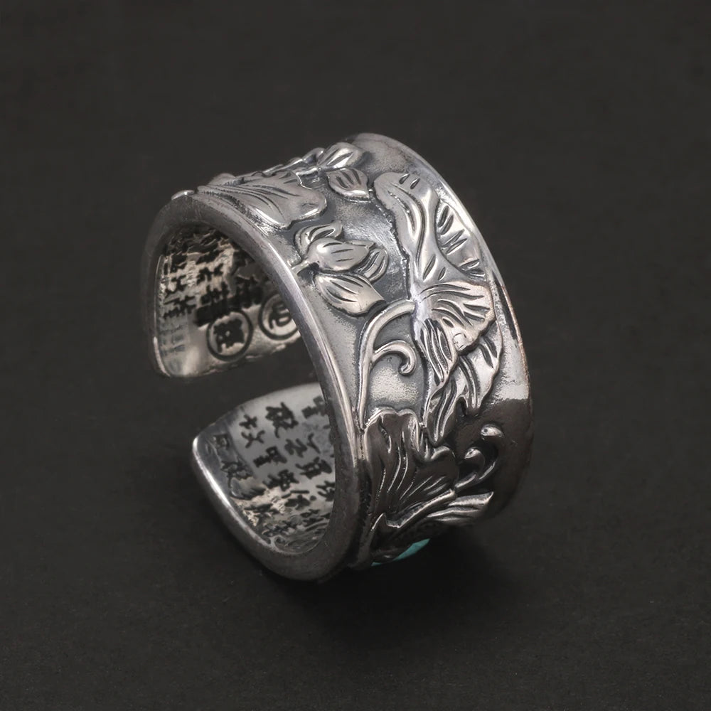 999 Pure Silver Lotus Ring Heart Sutra Engraved Adjustable Men Women Lucky Runes Vintage Retro Buddhism Jewelry