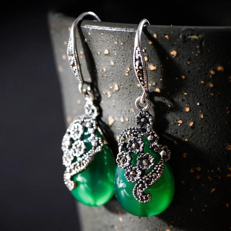 Vintage Dangling Earrings Real 925 Sterling Silver Jewelry Natural Garnet Red Stone Carved Flower Drop Shaped Earrings for Women - GQTORCH Jewelry
