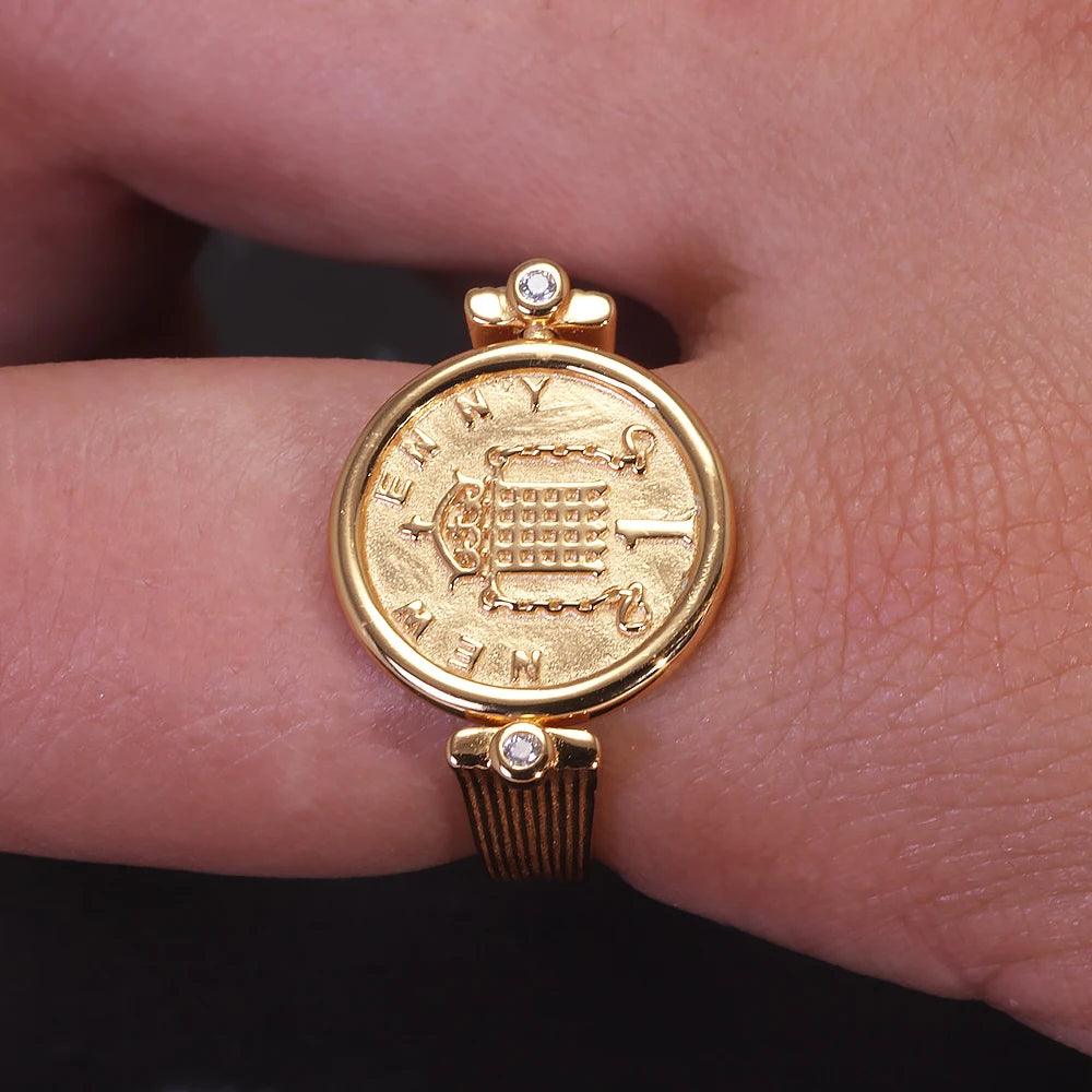 Queen Elizabeth Flipping Silver Coin Reversible Ring Women 925 Sterling Silver Gold Plated US Size 7 Rotating Vintage Jewelry - GQTORCH Jewelry