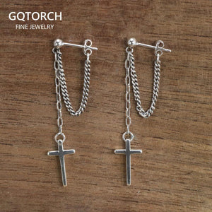 Real Sterling Silver S925 Jesus Cross Vintage Punk Style Earrings Chain Religious Jewelry for Men and Women - GQTORCH Jewelry