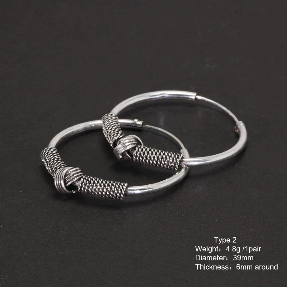 Real 925 Sterling Silver Hoop Earrings Antique Thai Silver Round Circle Hip Hop Punk Gothic Jewelry Party Gift - GQTORCH Jewelry