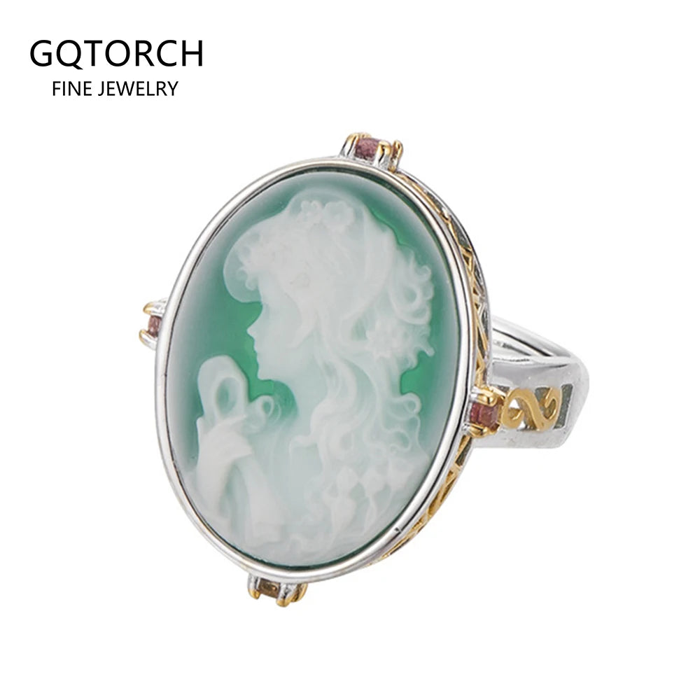 S925 Sterling Silver Natural Gemstone Jewelry Green Onyx Goddess Cameo Ring Gold Color Oval Statement Rings for Ladies