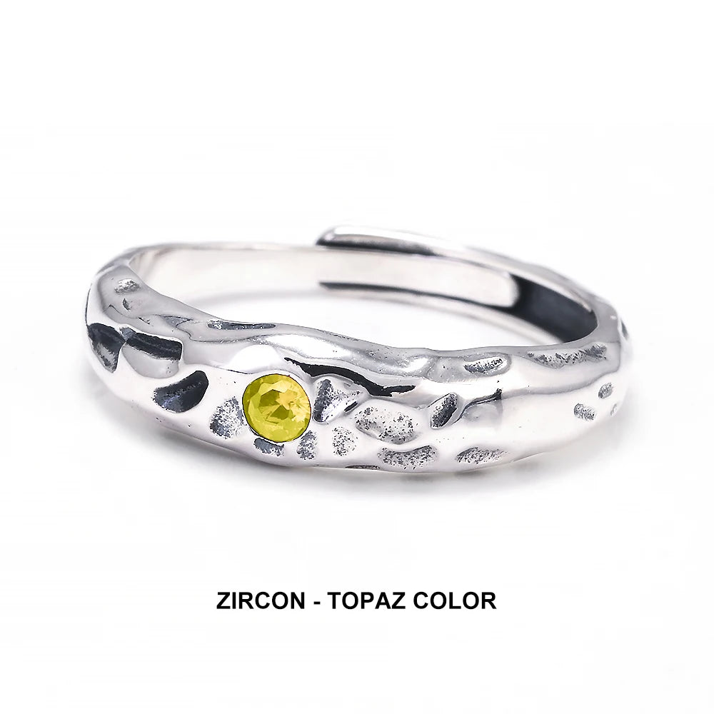 Solid 925 Sterling Silver Zircon Birthstone Ring for Women Irregular Hammered Adjustable Simple Fashion Daily Jewelry Party Gift