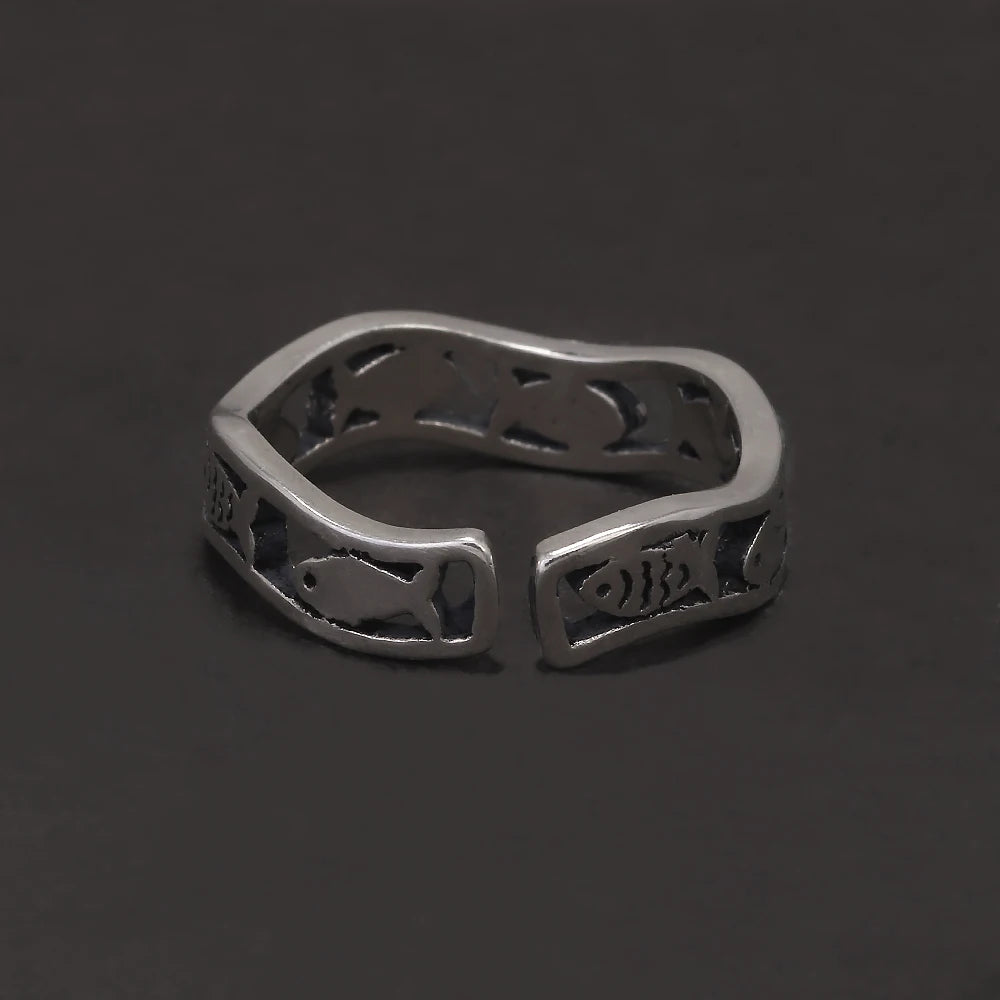 100% 925 Sterling Silver Retro Fish Ring Women Men Hollowed out Twist Wave Lucky Fish Opening Ring Fashion Party Jewelry Gift
