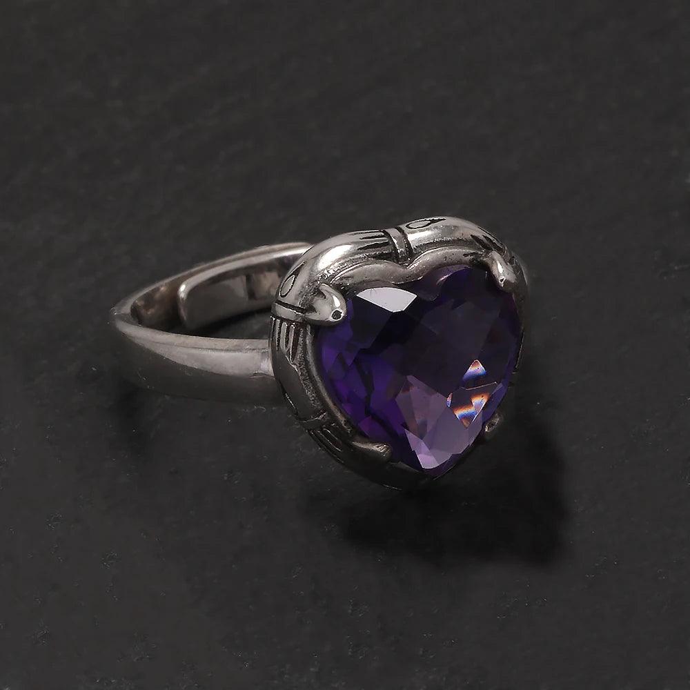 Real S925 Sterling Silver Natural Amethyst Heart Ring Drop Earrings for Women Girl Vintage Fashion Jewelry Set - GQTORCH Jewelry