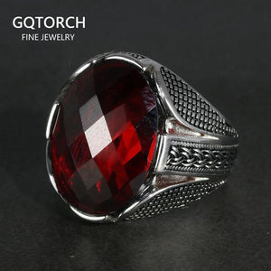 Real Pure 925 Sterling Silver Rings With Red Color Zircon Stone Faceted Wedding Rings For Men Vintage Turkish Jewelry - GQTORCH Jewelry