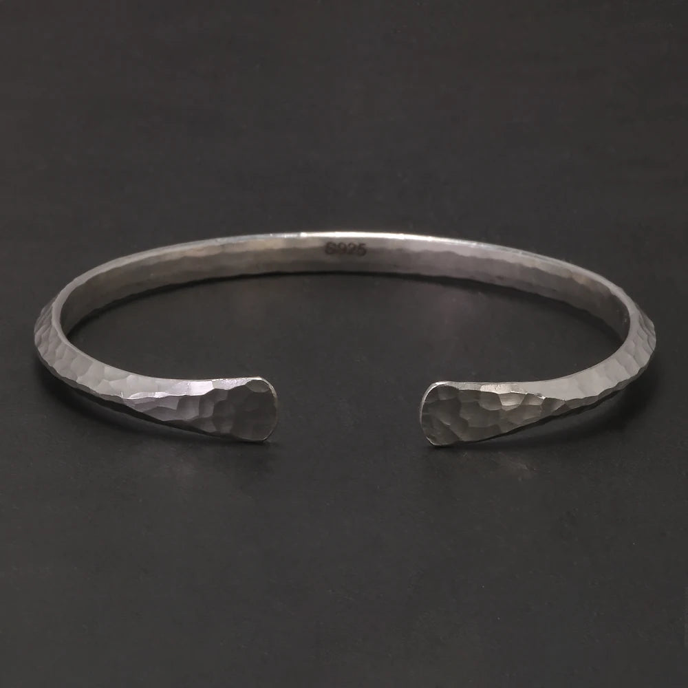 Solid 925 Sterling Silver Hammered Bangle 4mm Open Cuff Bracelet for Women Men Urban Minimalist Chic Retro Party Jewelry