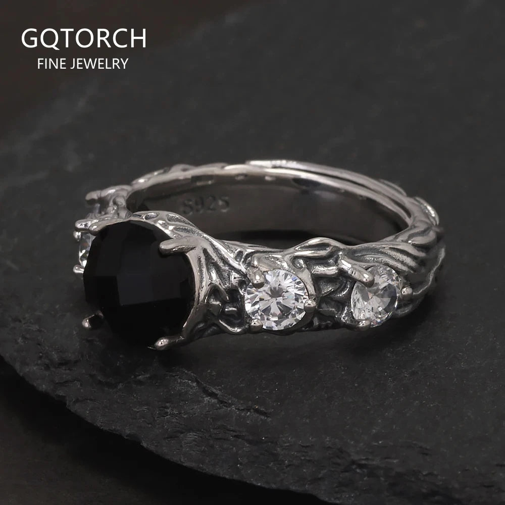 Vintage Round Black Onyx Engagement Ring for Women 925 Sterling Silver Natural Onyx Stone Zircon Adjustable High Quality Jewelry