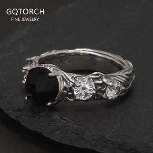 Vintage Round Black Onyx Engagement Ring for Women 925 Sterling Silver Natural Onyx Stone Zircon Adjustable High Quality Jewelry