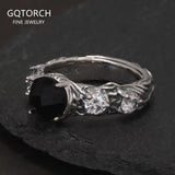 Vintage Round Black Onyx Engagement Ring for Women 925 Sterling Silver Natural Onyx Stone Zircon Adjustable High Quality Jewelry