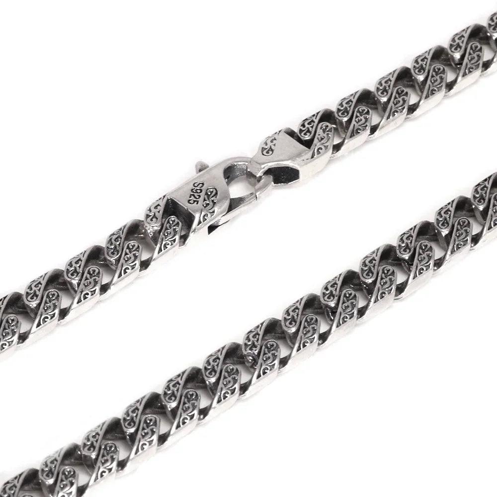 Vintage Tang Grass Pattern Necklace S925 Sterling Silver Hip Hop Punk Rock Men's Cuban Chain Necklace Bracelet Jewelry - GQTORCH Jewelry