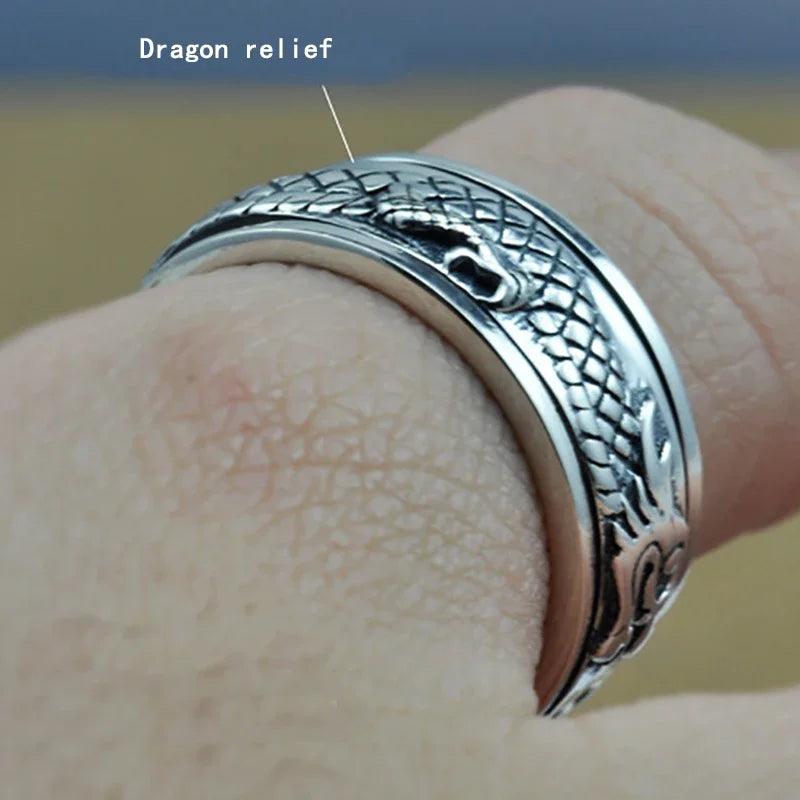 Real Pure 925 Sterling Silver Dragon Rings For Men Rotatable Transfer Luck Vintage Punk Retro Style Anel Masculino Aneis - GQTORCH Jewelry