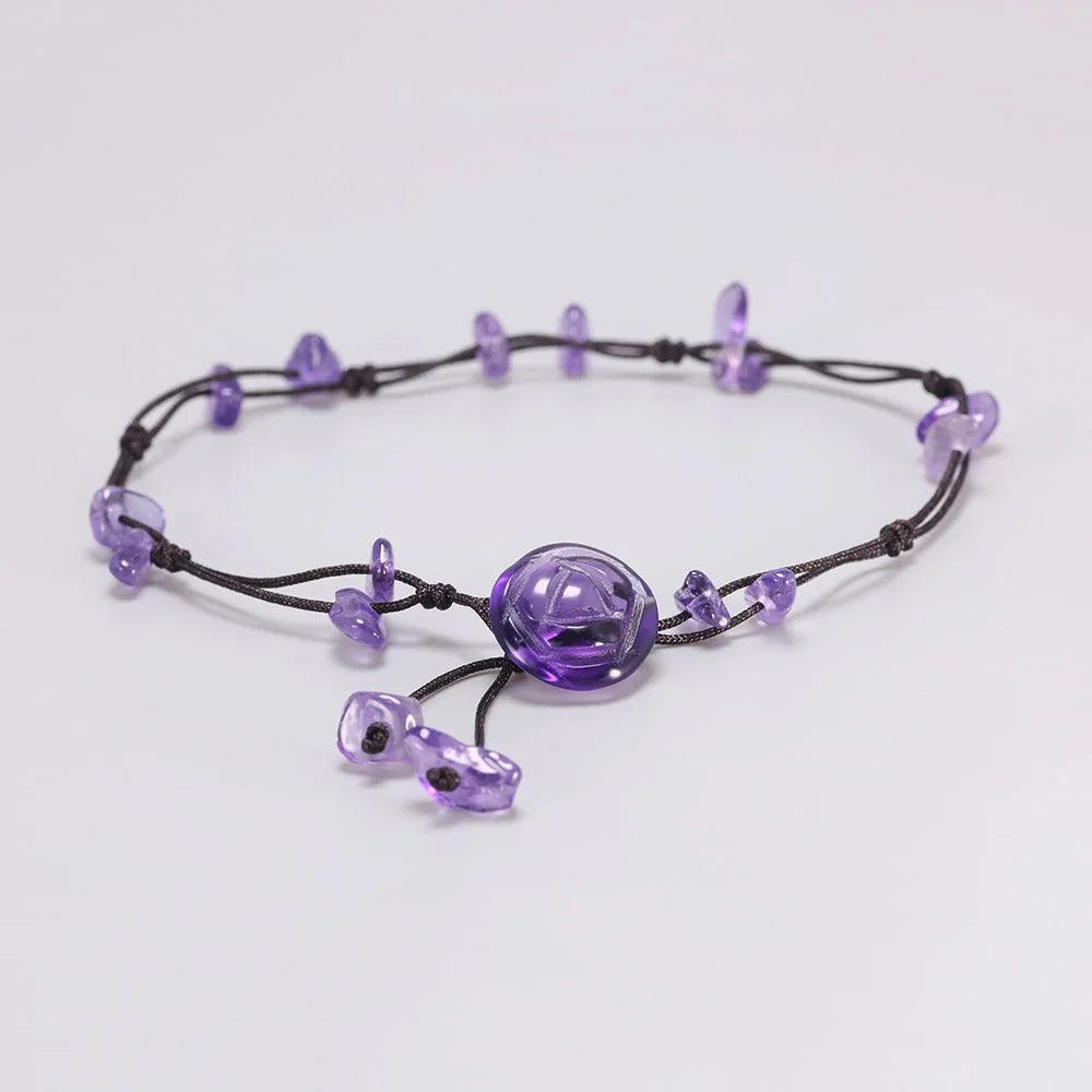 Handmade Braided Anklets for Women Jewelry Natural Amethyst Jade Rose Quartz Stone Beads Chain Flower Engraved Fine Jewelry - GQTORCH Jewelry