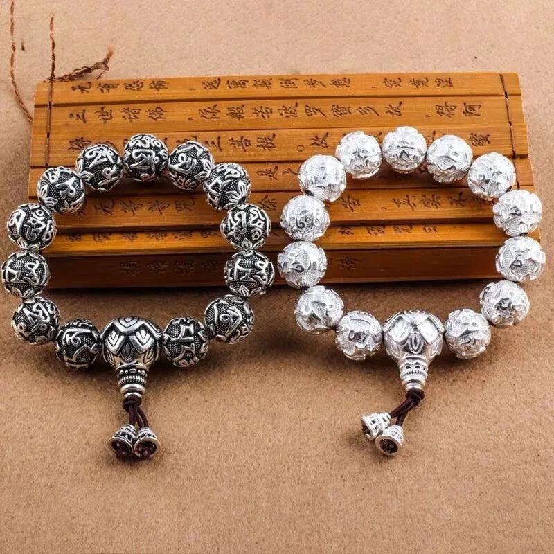 Real Solid 990 Silver Buddhist Bracelet Mens Mantra Beads Carved Six Words Om Mani Padme Hum For Tibetan Prayer Elastic Rope - GQTORCH Jewelry