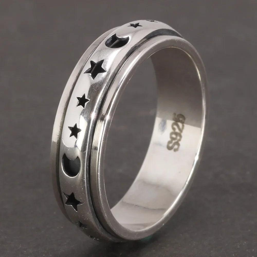 Real 925 Sterling Silver Spinner Band Ring Moon Star Celtic Stress Relieving Anxiety Ring Gifts for Men And Women - GQTORCH Jewelry